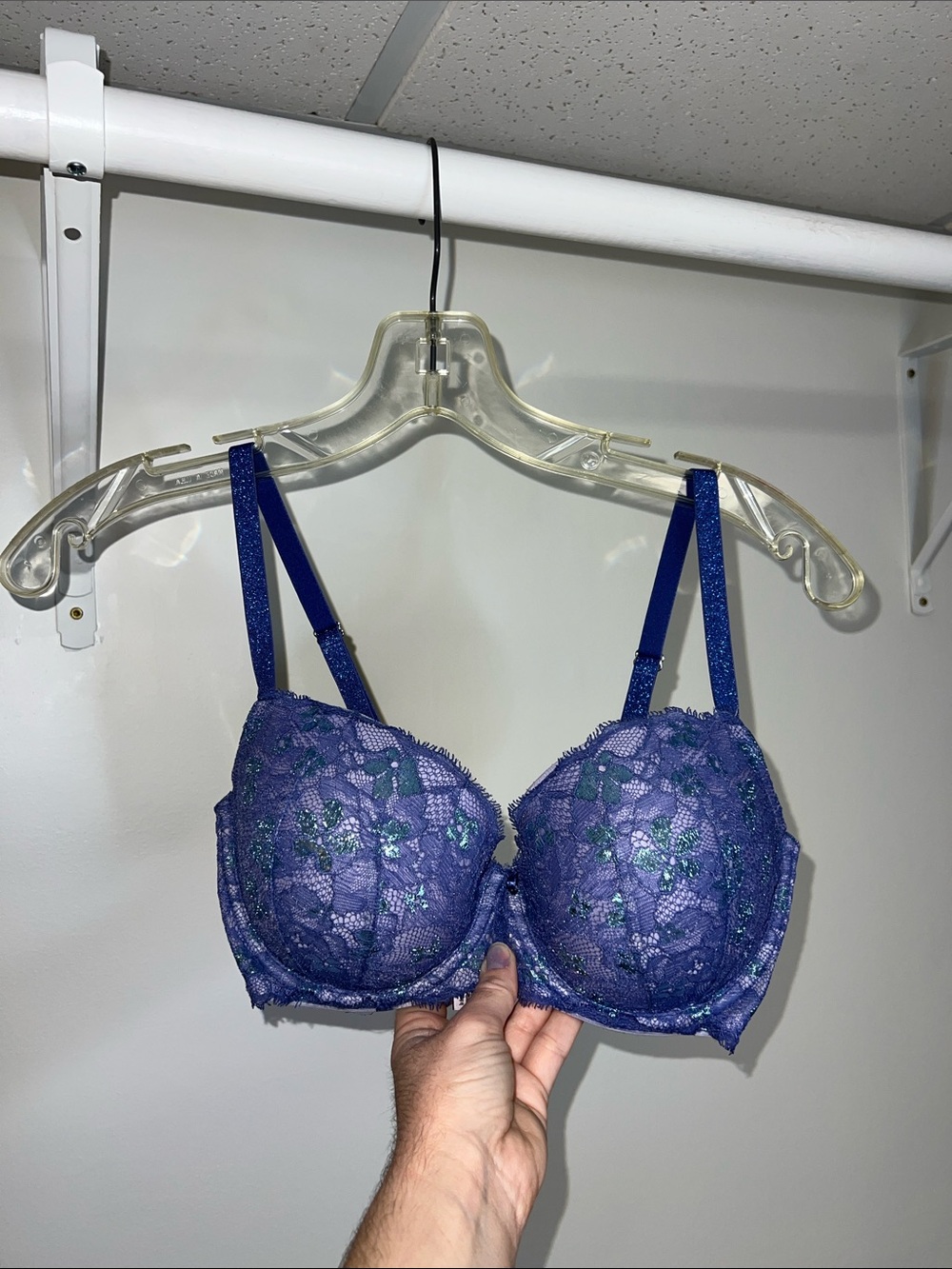 VS Dream Angels Lined Demi Purple Lace Underwire Bra with Glitter Detail- 32DDD